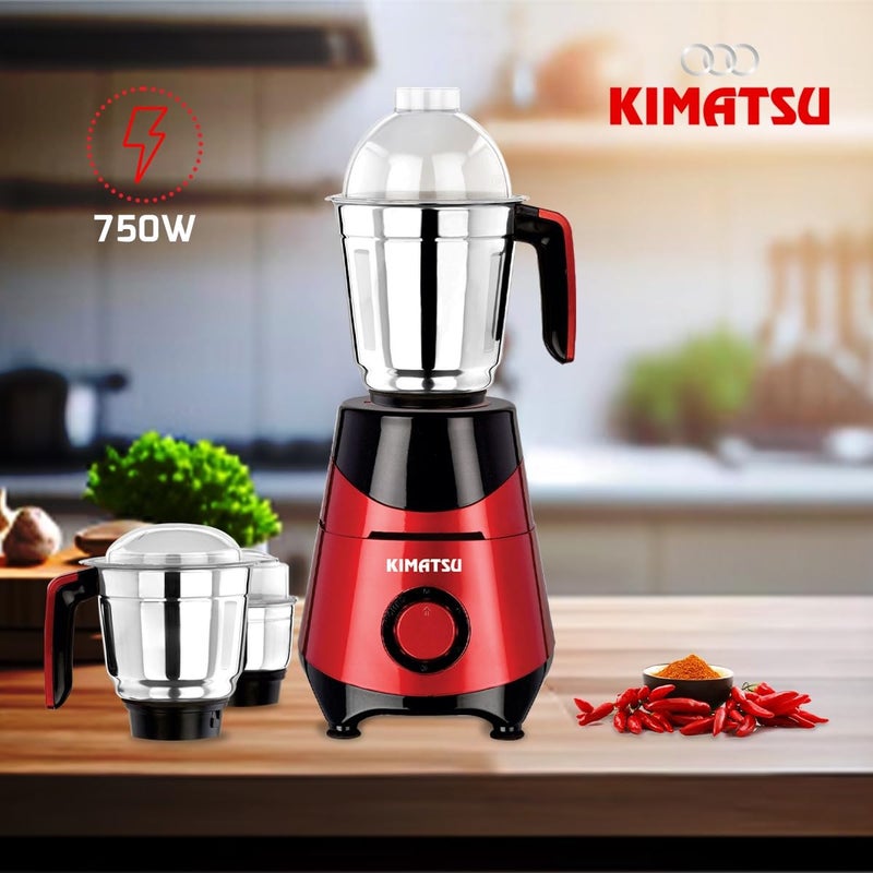 KIMATSU Kimatsu Mixer Grinder 750WSuperemo For Kitchen3in1 for Grinding Blade Function With Heavy Motor3 Stainless Steel Mixer Jars1 Year Product Warranty By Kimatsu red and Mettalic black  - Image 4