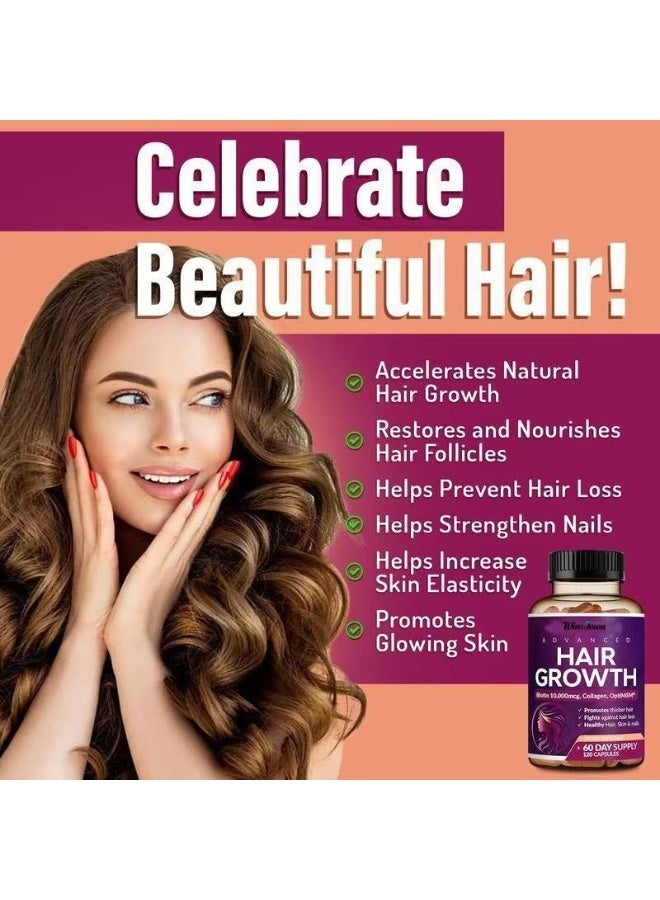 وينز تاون كبسولات ممتازة لنمو الشعر. تحتوي على 10000 ميكروغرام من البيوتين + الكولاجين + أوبتي إم إس إم. 120 كبسولة/60 يومًا. - Image 2