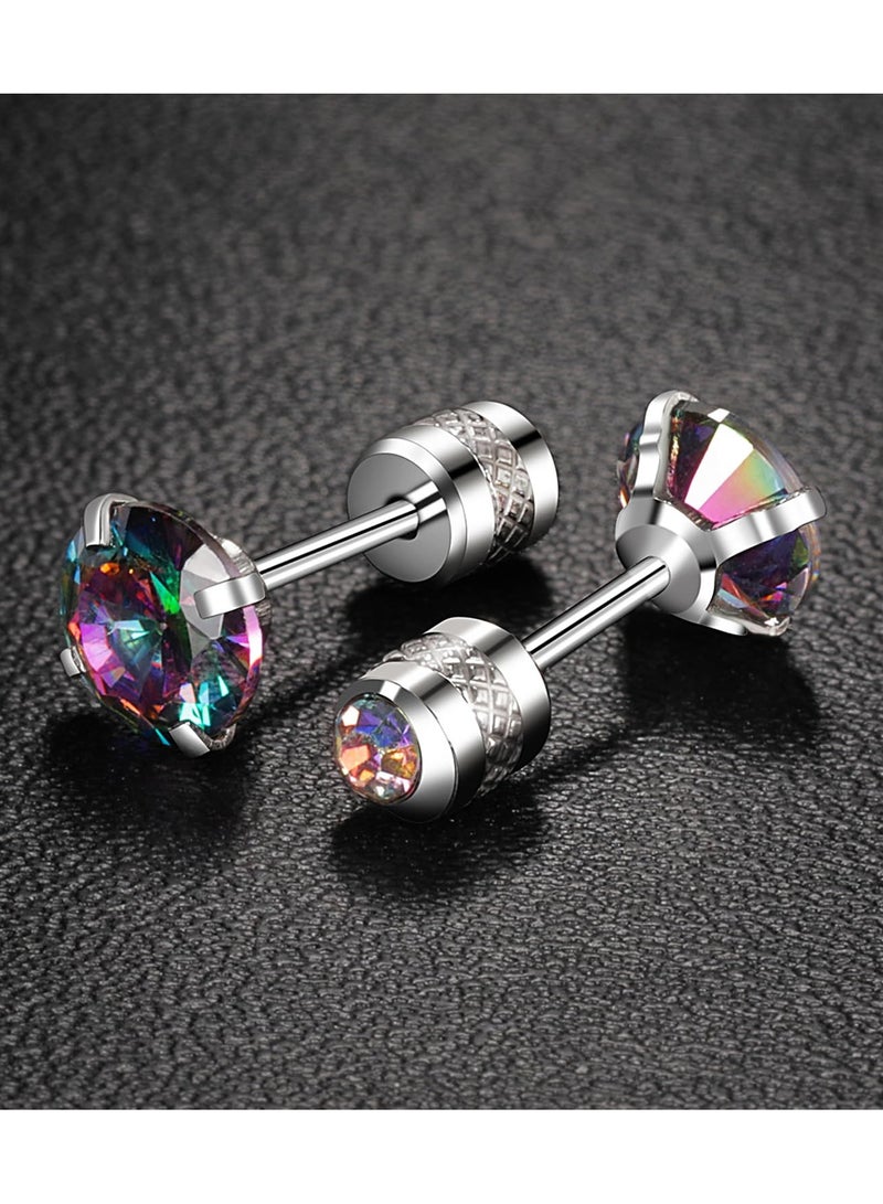 كاست ويف التيتانيوم المسمار أقراط الظهر الخبز للنساء والرجال مكعب زركونيا أقراط مثقوب 20G دوامة الفولاذ المقاوم للصدأ الأذن الحساسة الحساسية محاكاة الماس والكريستال ( قوس قزح الفضة ) - Image 4