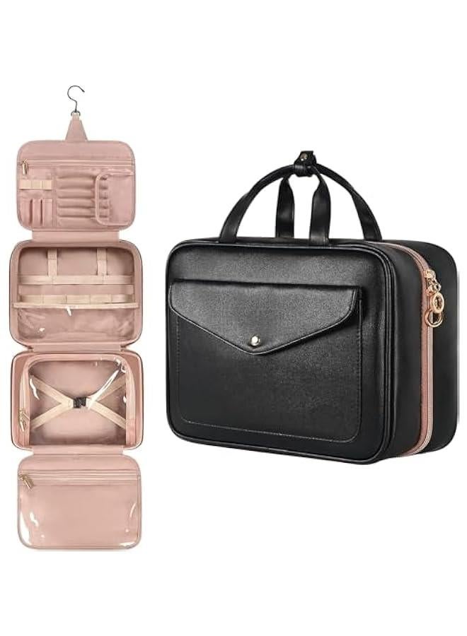 هوكور شنطة ادوات الزينة من تراسل، شنطة مكياج للسفر قابلة لل للنساء، شنط مستحضرات تجميل كبيرة مقاومة للماء، حاوية منظمة للسفر بحجم كامل مع اشرطة مرنة لمستحضرات التجميل والفرش (اسود)، بولي يوريثين - Image 1