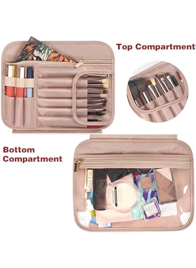 هوكور شنطة ادوات الزينة من تراسل، شنطة مكياج للسفر قابلة لل للنساء، شنط مستحضرات تجميل كبيرة مقاومة للماء، حاوية منظمة للسفر بحجم كامل مع اشرطة مرنة لمستحضرات التجميل والفرش (اسود)، بولي يوريثين - Image 3