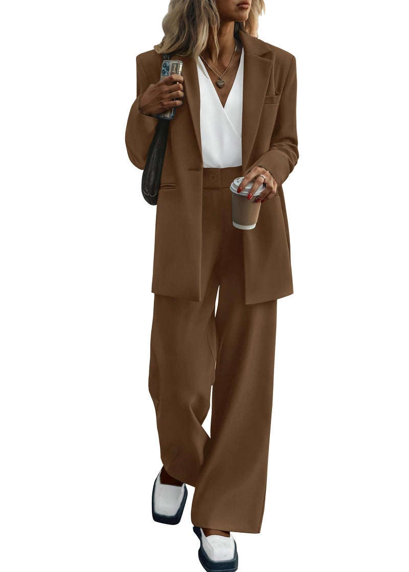 KIRUNDO Women Suits 2 Piece Set Business Casual Dressy Oversized Blazer Jacket and Wide Leg Dress Pantsuits Formal Outfits(Coffee, Medium) - Image 1