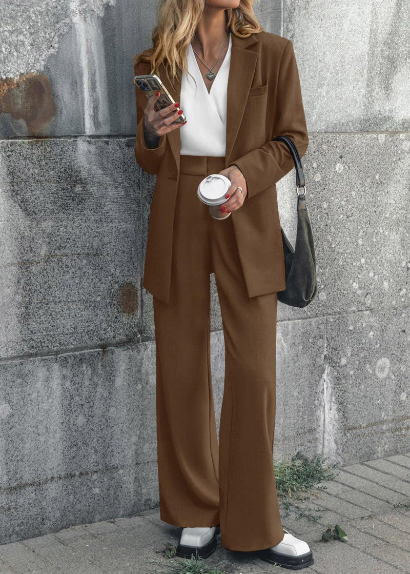 KIRUNDO Women Suits 2 Piece Set Business Casual Dressy Oversized Blazer Jacket and Wide Leg Dress Pantsuits Formal Outfits(Coffee, Medium) - Image 2