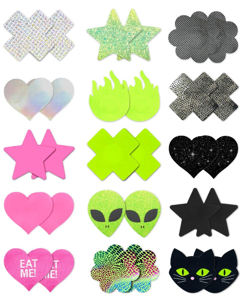 CICKEE Pasties Rave Neon Nipple Covers Sexy 15 Pairs Glitter Fun Pasties Pack Pasty Bra Boob Cover Festival Boob Covering Cat Alien-Glow in the Dark Green-Hot Pink - Image 1
