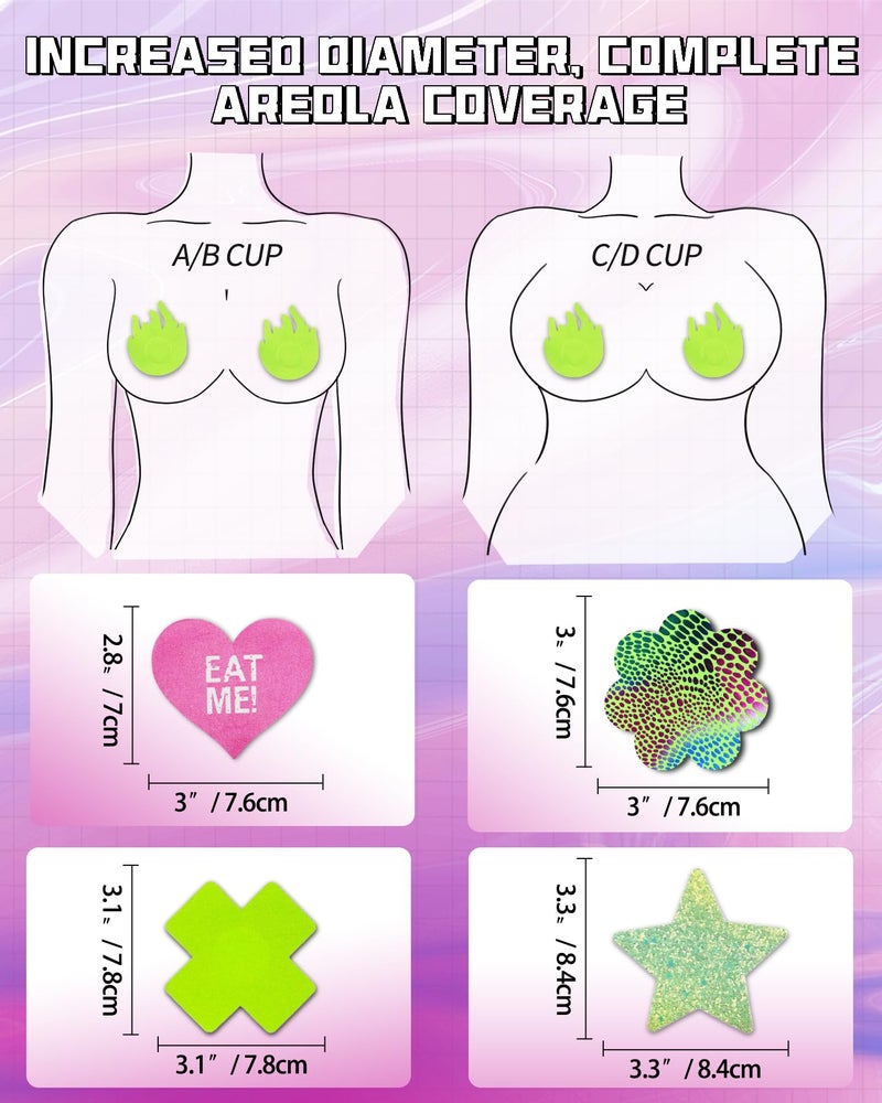 CICKEE Pasties Rave Neon Nipple Covers Sexy 15 Pairs Glitter Fun Pasties Pack Pasty Bra Boob Cover Festival Boob Covering Cat Alien-Glow in the Dark Green-Hot Pink - Image 3