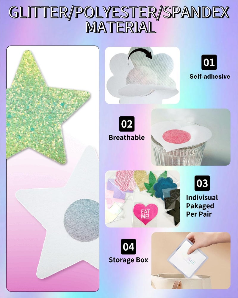 CICKEE Pasties Rave Neon Nipple Covers Sexy 15 Pairs Glitter Fun Pasties Pack Pasty Bra Boob Cover Festival Boob Covering Cat Alien-Glow in the Dark Green-Hot Pink - Image 2
