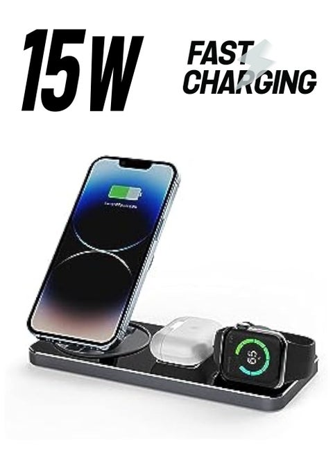 15W QI 3 in 1 wirless magnetic fast charger for iphone for iwatch portable fold wireless charge for traveling support magsafe, USB