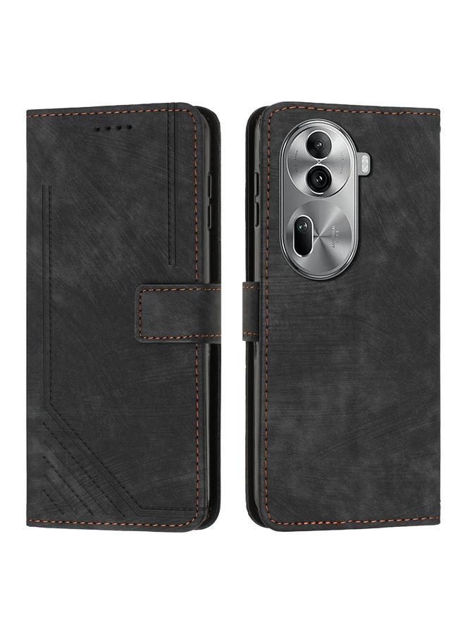 Green Tiger For OPPO Reno11 Pro Global Skin Feel Stripe Pattern Leather Phone Case with Long Lanyard(Black)
