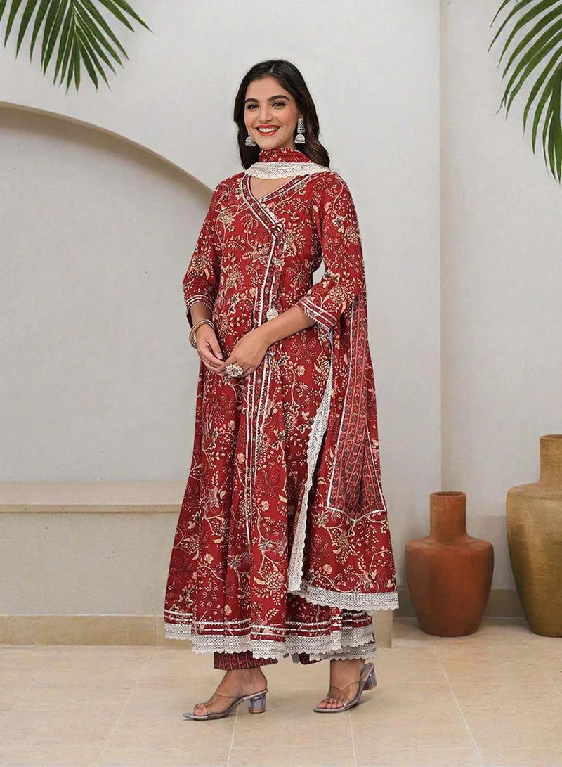 ISHIN Women's Red 100% Cotton Embellished Tunic Full Length Casual Straight Fit Kurta Set