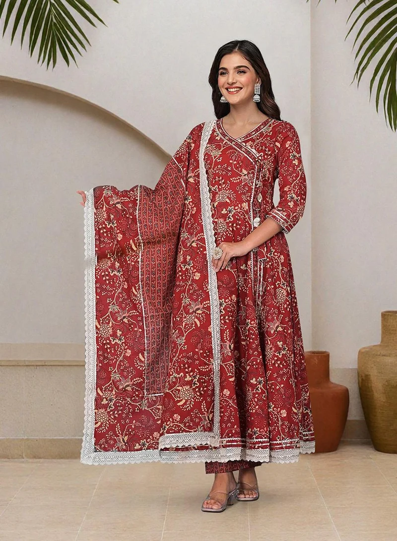 ISHIN Women's Red 100% Cotton Embellished Tunic Full Length Casual Straight Fit Kurta Set