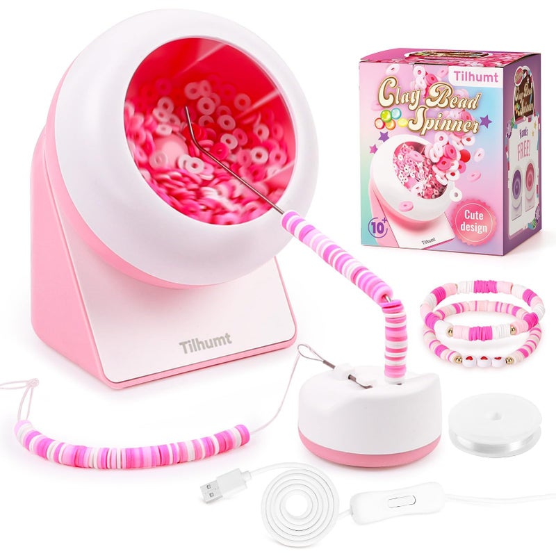 Tilhumt Clay Bead Spinner, Electric Bead Spinner for Jewelry Making, Friendship Bracelets Maker with Needle and Elastic String, Gift for Patent Design, Pink (Beads Not Included) - Image 1