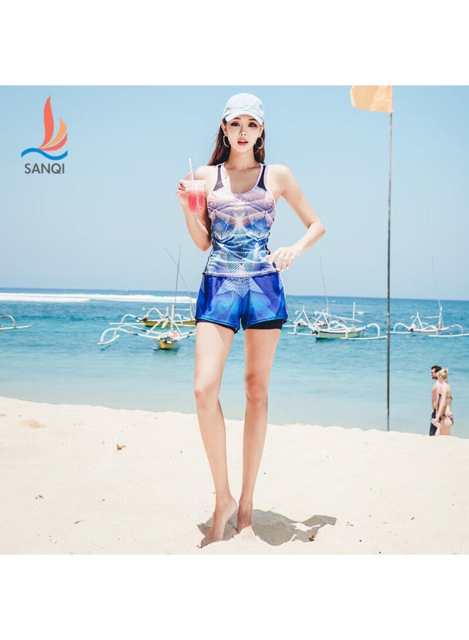 Sanqi Women's Swimsuit, Two-piece Boyshort Conservative Tummy Control Plus Size Ladies Hot Spring Swimwear, 19023 Blue, Size L - Image 2
