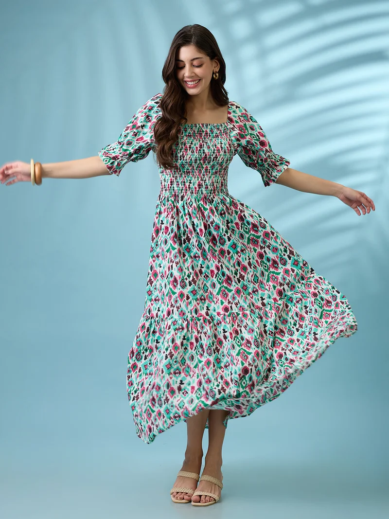 Women Multicolour Ikat Print Square Neck Puff Sleeves Smocked Tiered Fit & Flare Maxi Dress
