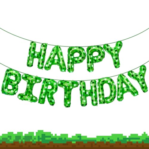 AXBMM Green Pixel Themed Happy Birthday Banner Party Decorations Kit with Pixel BalloonsTNT Pixel Backdrop Supplies for Boys Kids Indoor Outdoor Celebration Themed Party Essentials Pixel Green - Image 1