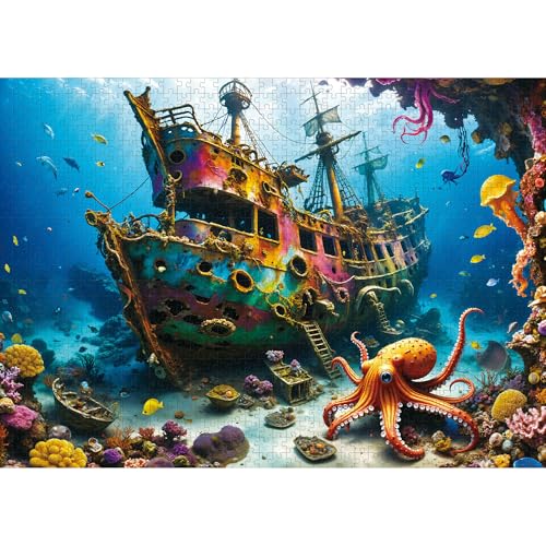 lamplig Puzzles for Adults 1000 Pieces Octopus Pirate Ship Ocean Sea 1000 Piece Puzzle for Adults with Letters on Back Jigsaw Puzzles 1000 Pieces for Fun Game Nights 276X205 11 Poster - Image 1