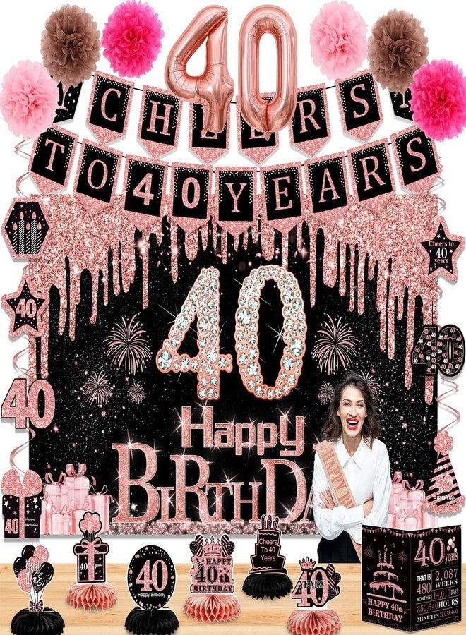 Juesly زينة عيد الميلاد الأربعين للنساء، ٢٤ قطعة زينة لعيد الميلاد الأربعين، لافتة "عيد ميلاد سعيد الأربعين"، بطاقة تهنئة بالذكرى السنوية، ٦ قطع زينة على شكل خلية نحل، بالونات، لافتة "نهنئكم بأربعين عامًا"، ٧ قطع زينة حلزونية معلقة، ٦ كرات ورقية، وشاح - Image 1
