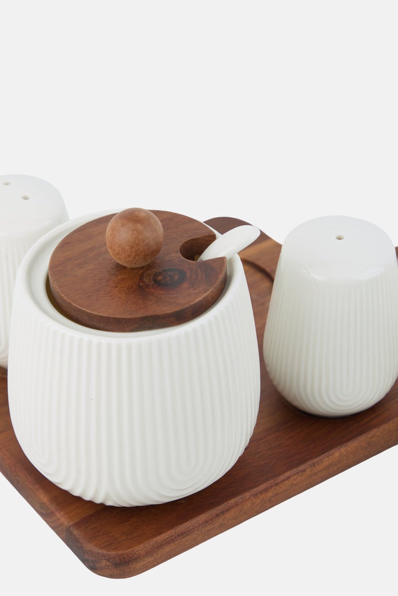 Shallow Acacia Wood And Porcelain 4 Pieces Condiment With Spoon Set 24 cm, Multicolor - Image 3
