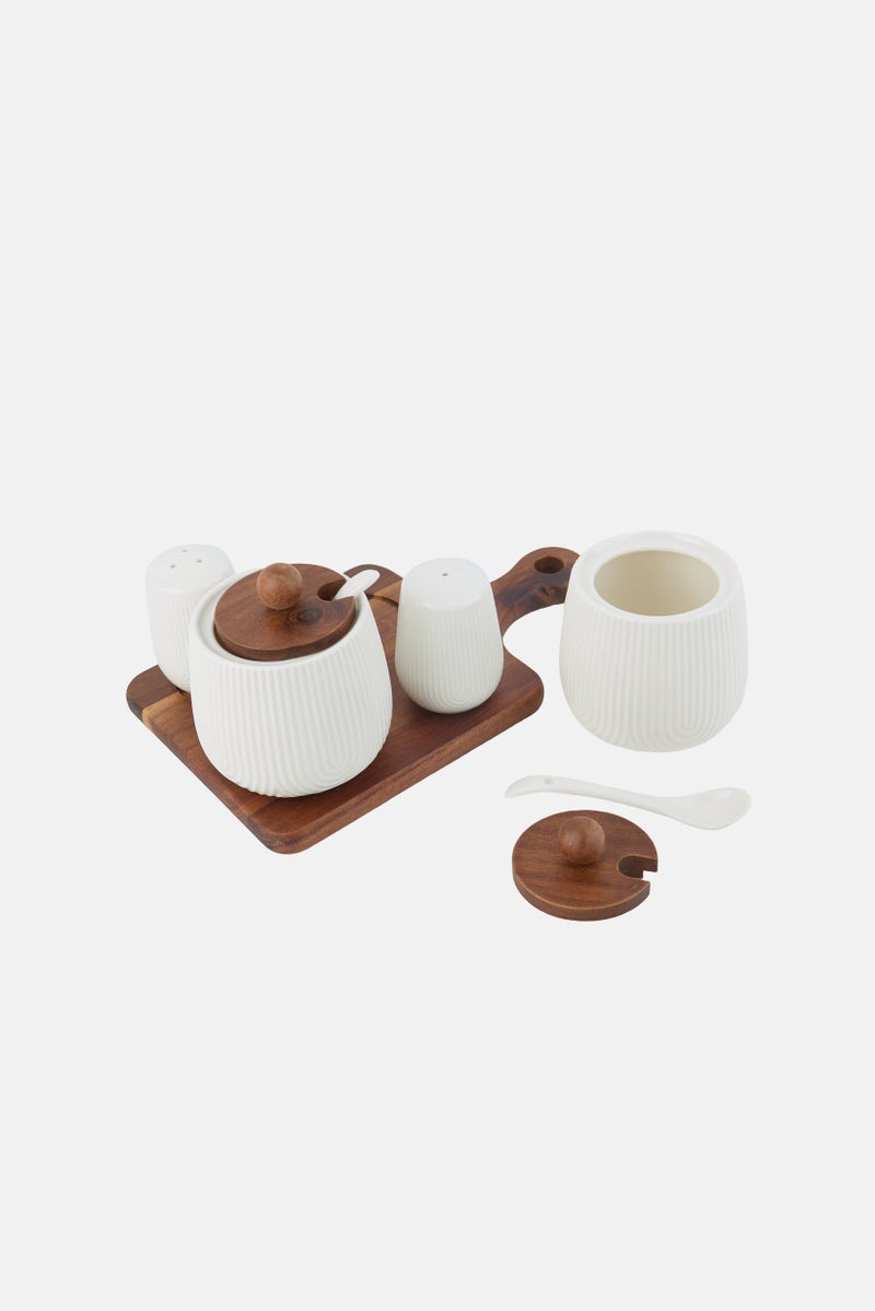 Shallow Acacia Wood And Porcelain 4 Pieces Condiment With Spoon Set 24 cm, Multicolor - Image 1