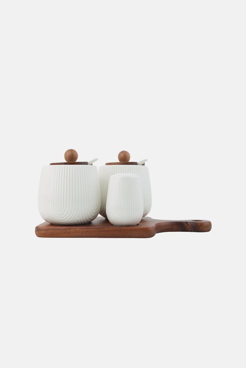 Shallow Acacia Wood And Porcelain 4 Pieces Condiment With Spoon Set 24 cm, Multicolor - Image 2