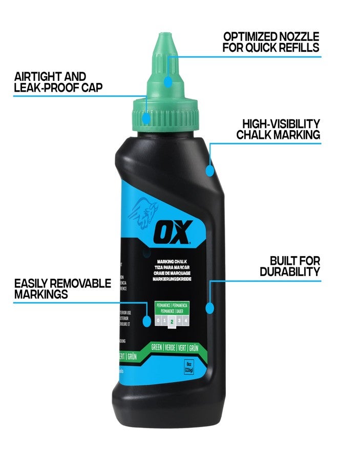 OX Pro Series Green Chalk Line Powder 8oz Marking Chalk Refill - Permanence 2 Line Marking Powder Refill with High Flow Nozzle and Leak-Proof Cap Weather Resistant Construction- OX-P630804 - Image 2
