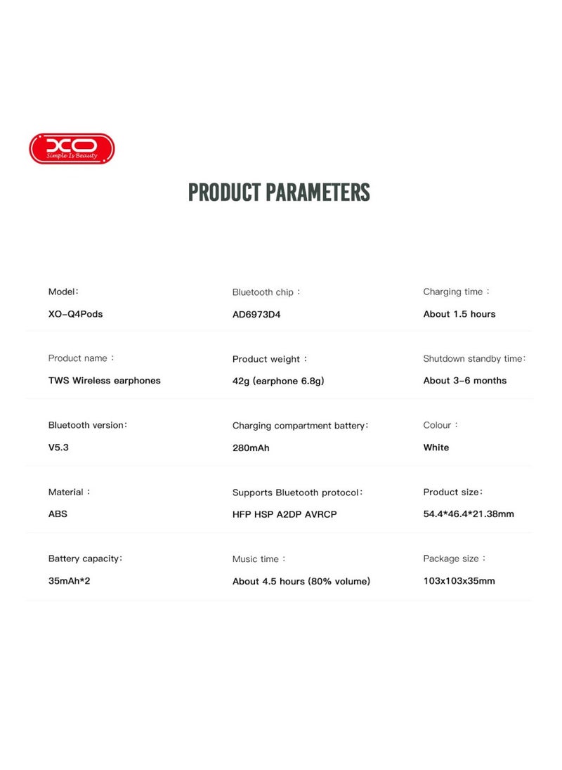 XO - T4 Pods TWS Wireless Earphone - White - Image 1