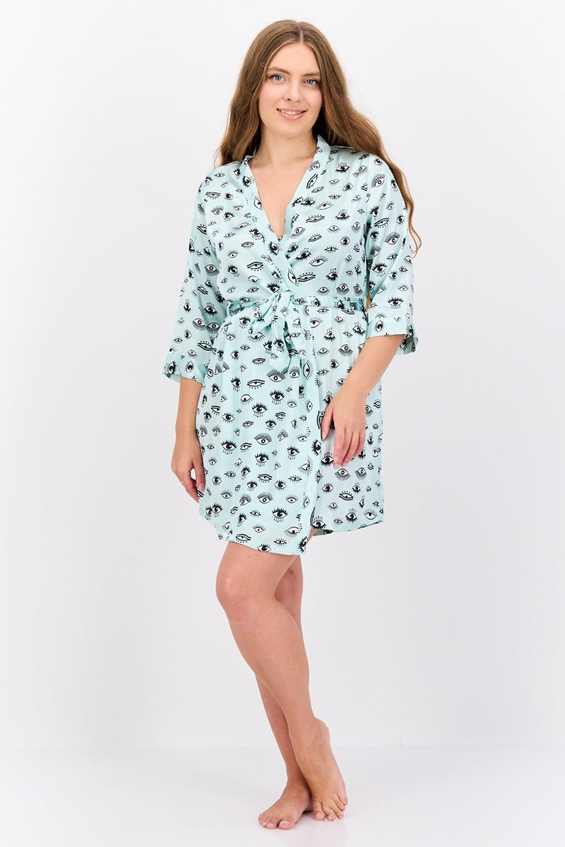 BRAVE SOUL Women Satin Belted Sleepwear Robe, Green Combo  - Image 4