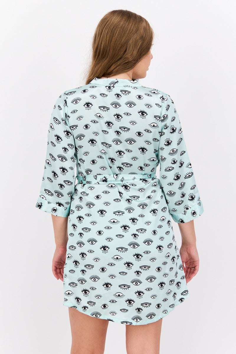 BRAVE SOUL Women Satin Belted Sleepwear Robe, Green Combo  - Image 3