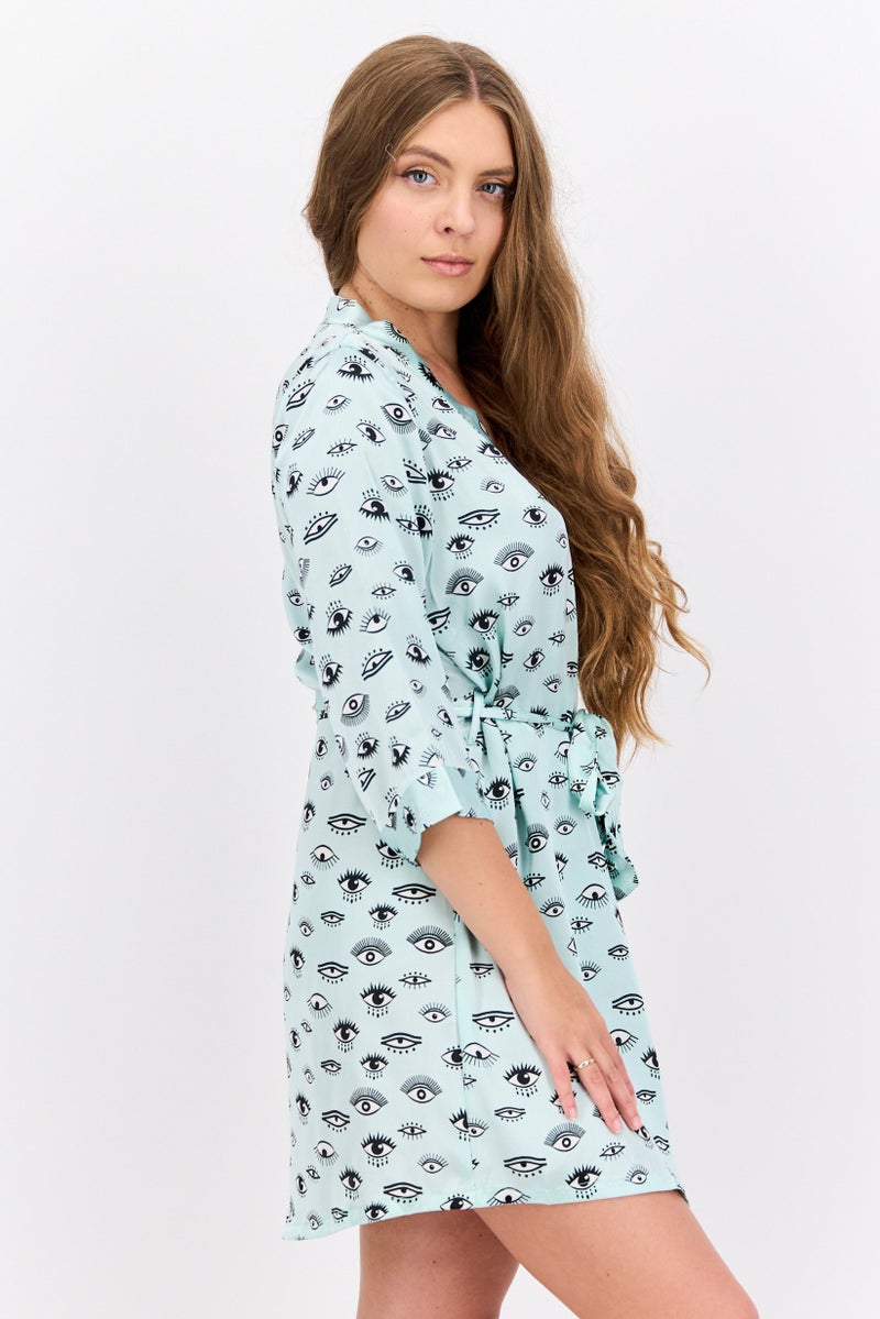 BRAVE SOUL Women Satin Belted Sleepwear Robe, Green Combo  - Image 2