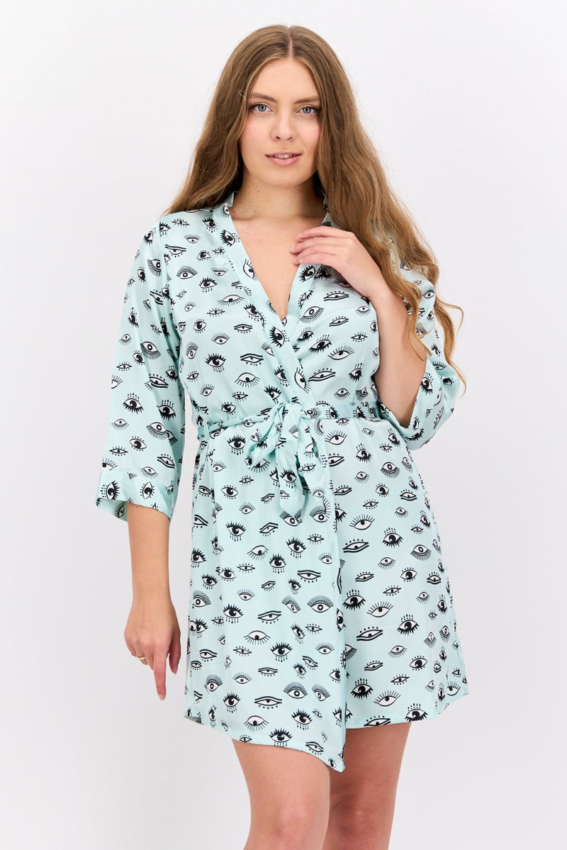 BRAVE SOUL Women Satin Belted Sleepwear Robe, Green Combo  - Image 1