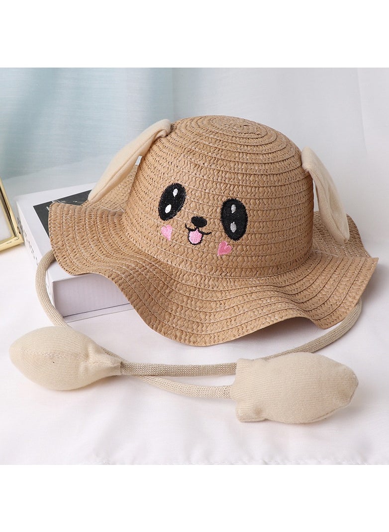 KUYING New Rabbit Ears Moving Straw Hat Children's Cute Wave Brim Fisherman Hat 