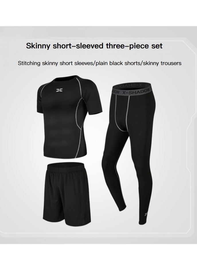 general Black Tight Three-Piece Gym Clothes Men's Spring Summer Gym Gear Running Basketball Training Exercise Set  - Image 1