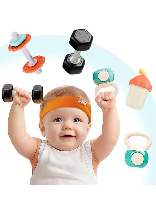 Baby First Gym Rattle Set, Infant Dumbbell Weights Teething Rattles 3-6-12 Month, Newborn Workout Sensory Stroller Toy, Babies Birthday Shower Gift 5 7 8 9 10 Month Toddler Boy Girl-4PCS - Image 1