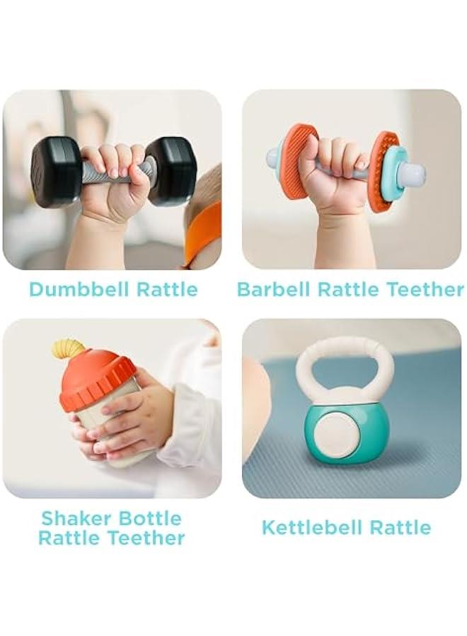 Baby First Gym Rattle Set, Infant Dumbbell Weights Teething Rattles 3-6-12 Month, Newborn Workout Sensory Stroller Toy, Babies Birthday Shower Gift 5 7 8 9 10 Month Toddler Boy Girl-4PCS - Image 4
