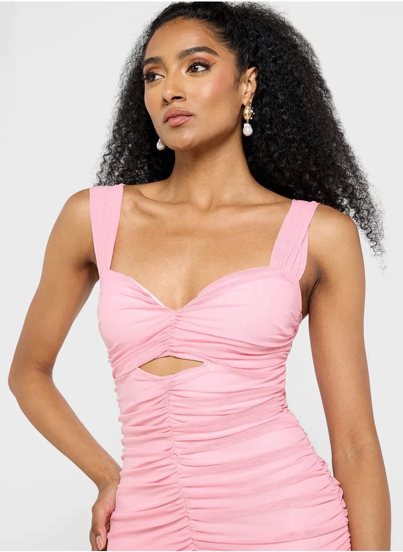 Ginger Square Neck Ruched Bodycon Dress With Frilled Hem