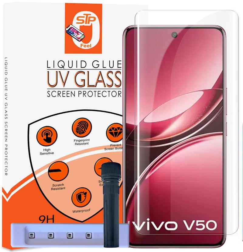 STP FEEL® HD+ UV Tempered Glass Screen Protector Guard Compatible For Vivo V50 5G / V50e 5G (6.77 Inch, Pack of 1) Full Adhesive UV Curved Case Friendly HD Clarity with easy installation kit - Image 1