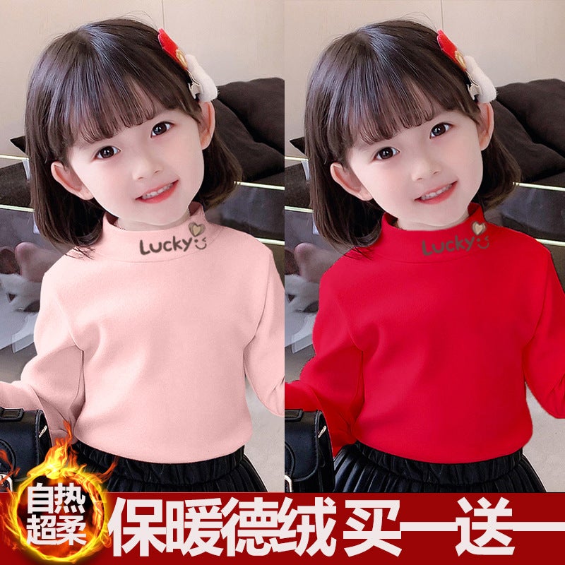 Girls' Semi-High Collar Long-Sleeved T-Shirt Top Base Shirt Semi-High Collar Children'S Autumn Clothes Warm T-Shirt - Image 1