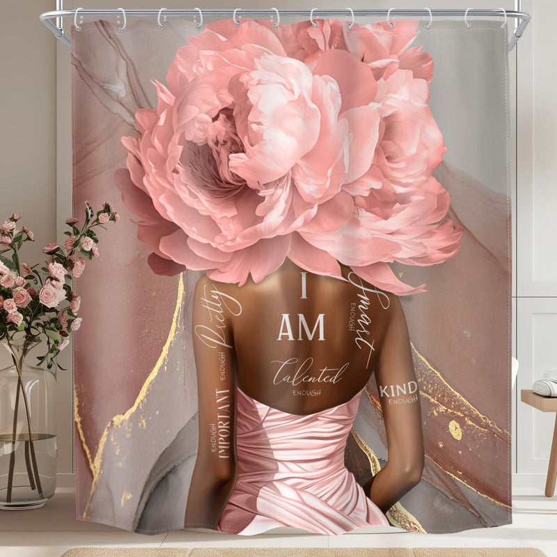 MESHELLY Pink Black Girl Shower Curtain 60Wx72H Abstract Marble African American Floral Flower for Bathroom Positive Quotes Bath Curtain Black Women Bathroom Decor Fabric with 12 Hooks - Image 1