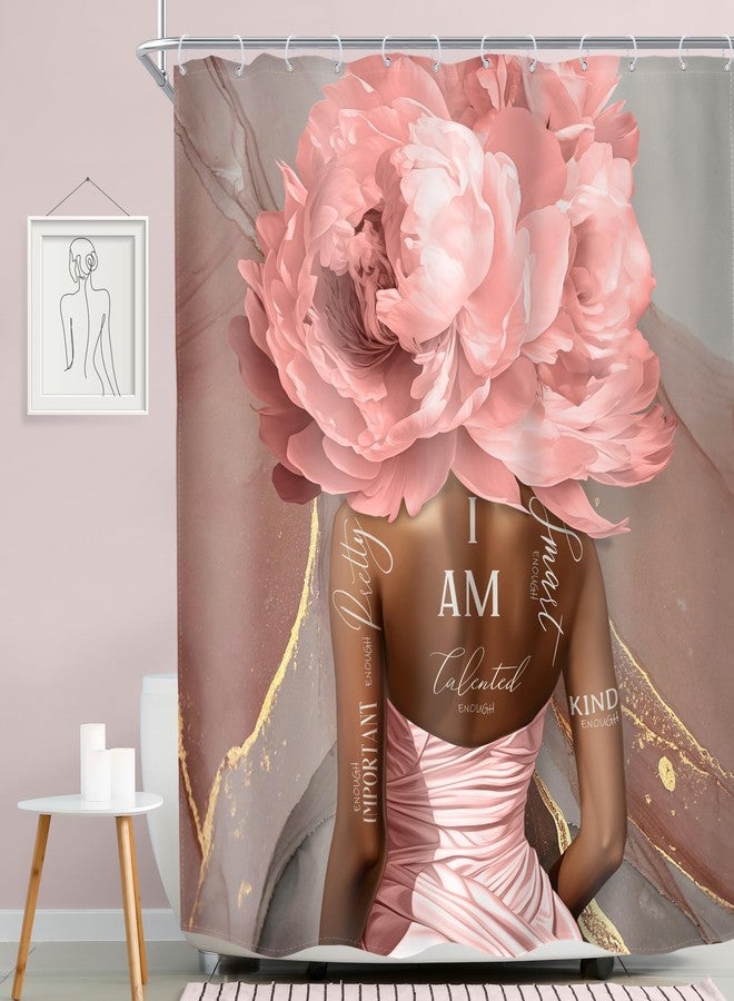 MESHELLY Pink Black Girl Shower Curtain 60Wx72H Abstract Marble African American Floral Flower for Bathroom Positive Quotes Bath Curtain Black Women Bathroom Decor Fabric with 12 Hooks - Image 2