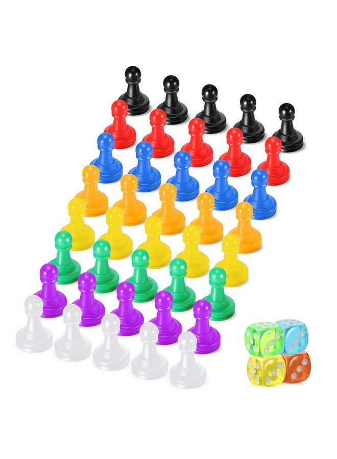 Zhanmai Zhanmai 40 Pcs Board Game Pieces Game Pawns Multicolored Plastic Chess Pawn Pieces for Board Play and 4 Pcs 6 Sided Round Corner Solid Color Dice for Chess Play Components Tabletop Markers - Image 1