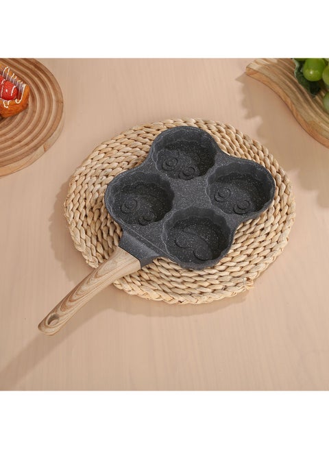 4 Cup Nonstick Omelette Skillet,Healthy Breakfast Pancake Pan,Aluminum 4 Cup Egg Frying Pan Non Stick Egg Cooker Pan Pancake Pan Easy Clean Wooden Handle For Gas Stove (Smiley Version, Black)