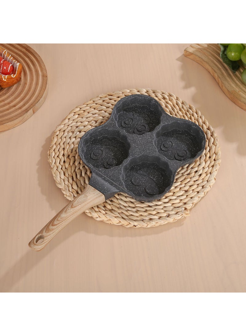 Hihonor 4 Cup Nonstick Omelette Skillet,Healthy Breakfast Pancake Pan,Aluminum 4 Cup Egg Frying Pan Non Stick Egg Cooker Pan Pancake Pan Easy Clean Wooden Handle For Gas Stove (Smiley Version, Black)  - Image 1