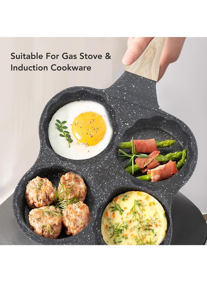 Hihonor 4 Cup Nonstick Omelette Skillet,Healthy Breakfast Pancake Pan,Aluminum 4 Cup Egg Frying Pan Non Stick Egg Cooker Pan Pancake Pan Easy Clean Wooden Handle For Gas Stove (Smiley Version, Black)  - Image 2