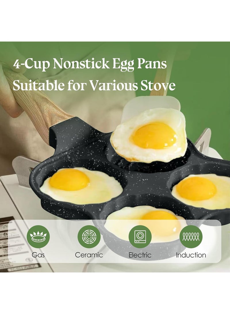 Hihonor 4 Cup Nonstick Omelette Skillet,Healthy Breakfast Pancake Pan,Aluminum 4 Cup Egg Frying Pan Non Stick Egg Cooker Pan Pancake Pan Easy Clean Wooden Handle For Gas Stove (Smiley Version, Black)  - Image 4