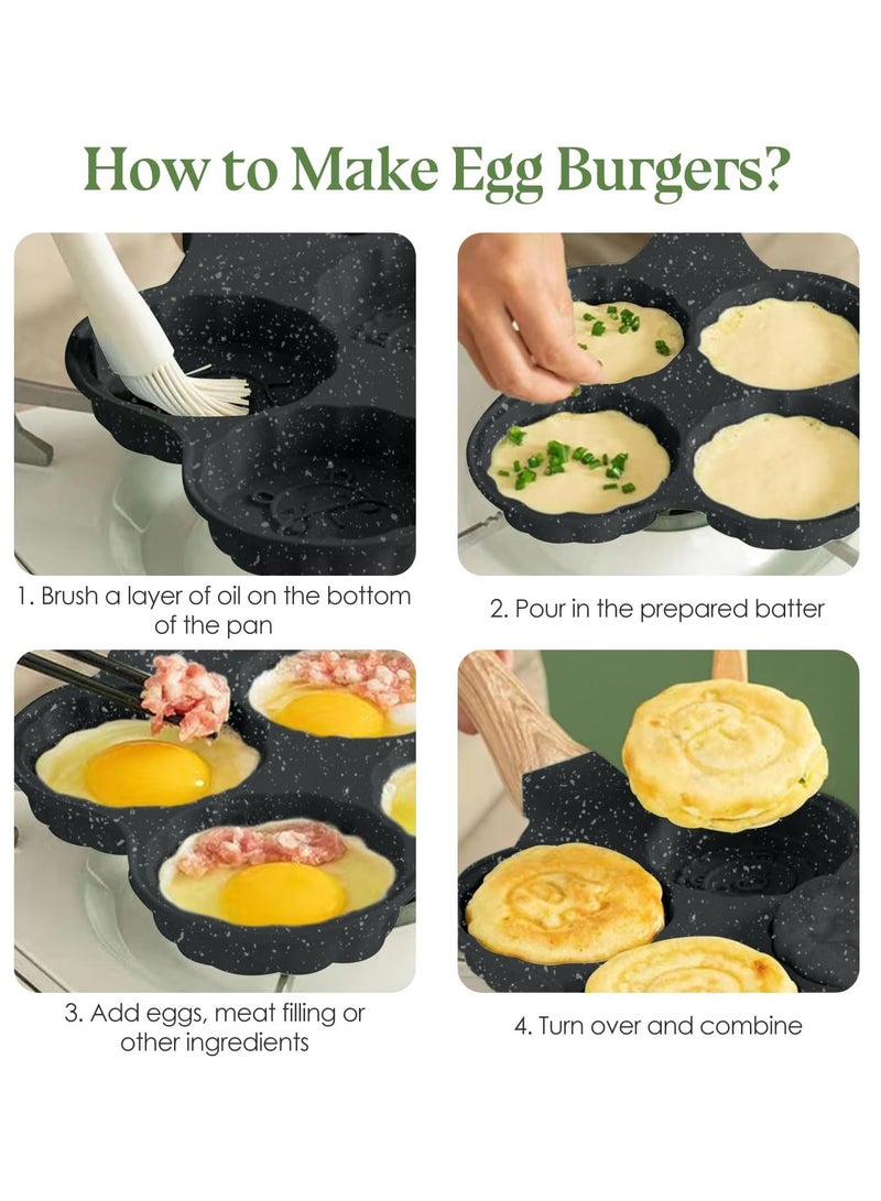 Hihonor 4 Cup Nonstick Omelette Skillet,Healthy Breakfast Pancake Pan,Aluminum 4 Cup Egg Frying Pan Non Stick Egg Cooker Pan Pancake Pan Easy Clean Wooden Handle For Gas Stove (Smiley Version, Black)  - Image 5