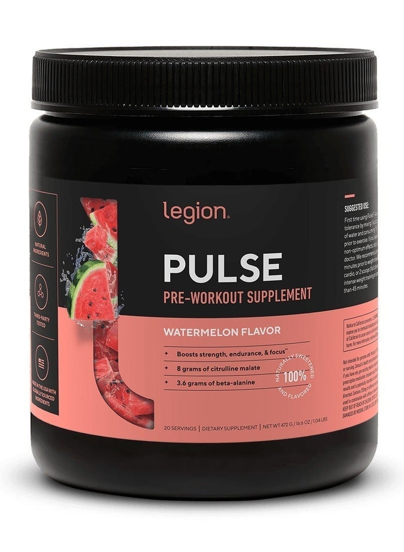Legion Athletics Pulse Pre Workout Supplement, Naturally Sweetened & Flavored, Increases energy & focus, Enhances strength & endurance, Reduces fatigue, 20 Servings 472 g(1.04 Lbs) 16.6 oz - Watermelon Flavor - Image 1