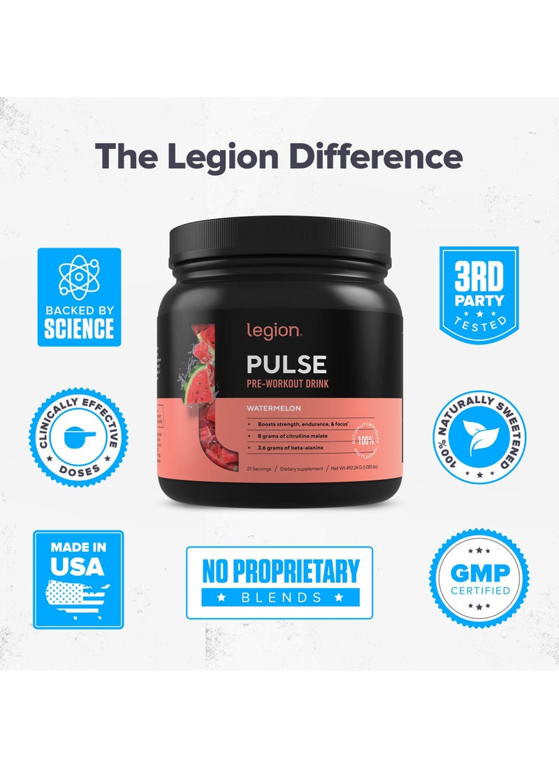 Legion Athletics - Pulse Pre Workout Drink Boosts Strength, Endurance & Focus, with 8g of Citrulline Malate, 3.6 g of Beta-Alanine, 20 Servings 472 g(1.04 Lbs) 16.6 oz - Watermelon Flavor - Image 1