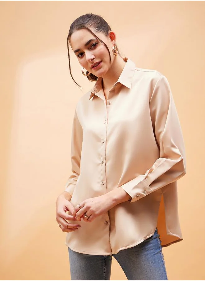 ساسافراس Solid Satin Shirt with Long Sleeves