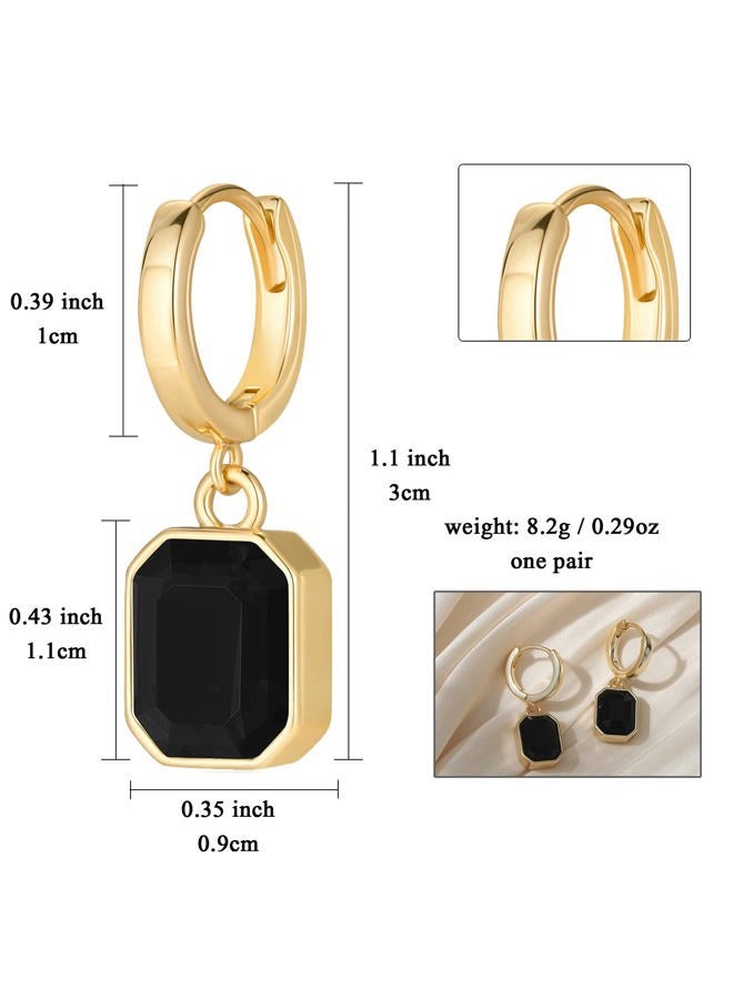 Lourny Birthstone Crystal Dangle Drop Earrings, 18K Gold Plated Huggie Hoop Hypoallergenic Earring Jewelry Gifts for Women (Black), One Size, Brass, No Gemstone - Image 2