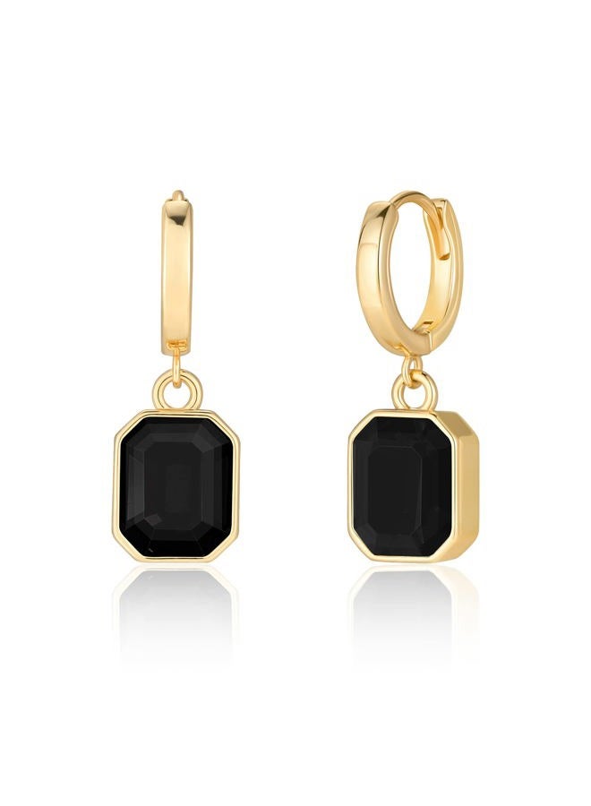 Lourny Birthstone Crystal Dangle Drop Earrings, 18K Gold Plated Huggie Hoop Hypoallergenic Earring Jewelry Gifts for Women (Black), One Size, Brass, No Gemstone - Image 1
