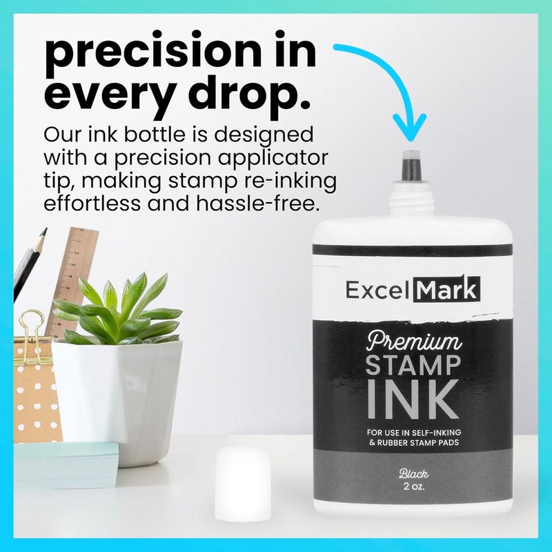 ExcelMark Stamp Ink – Ink Refill for Stamp Pads & Self-Inking Stamps - No Mess Precision Tip - Easy Re-Inking - Perfect for Crisp, Clear Impressions - 2 oz. - Black Ink - Image 2